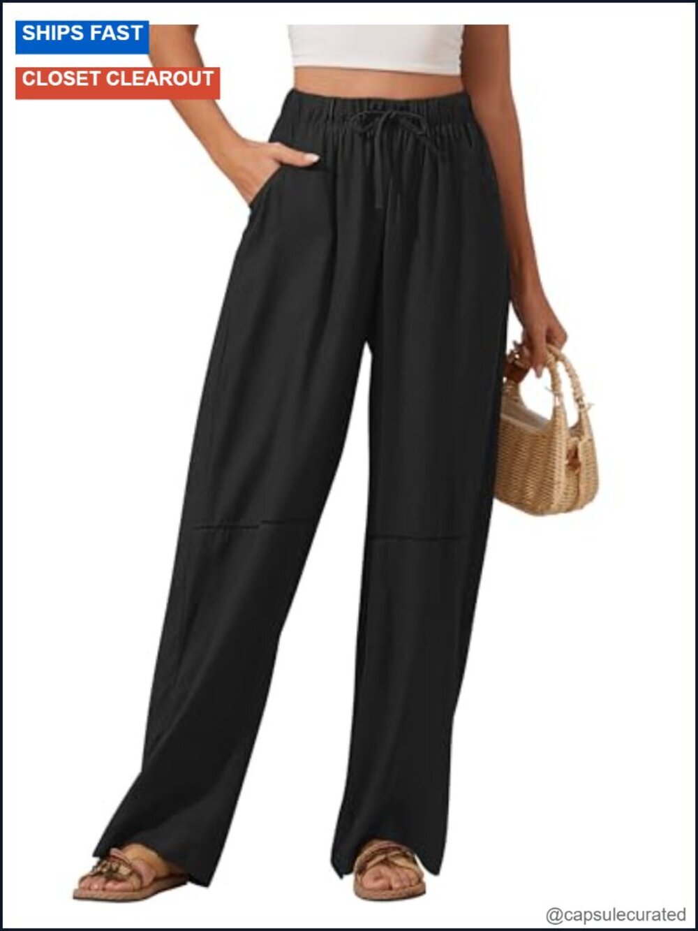 Wide Leg Linen Blend Palazzo Trousers with Pockets
